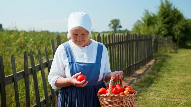 Older woman in white bonnet and blue apron holding tomatoes in a basket near a wooden fence