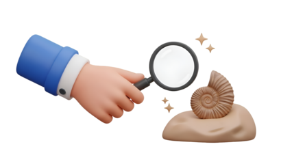 Hand Holding Magnifying Glass Examining Fossilized Ammonite Shell