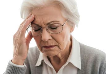 Elderly woman with headache isolated on transparent background