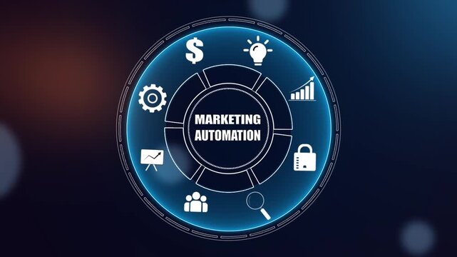 Strategic marketing automation concept with digital media symbols, audience growth charts and professional marketing roadmap visualization.