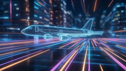 Futuristic holographic airplane with city skyline in the background, perfect for technology themes - Powered by Adobe