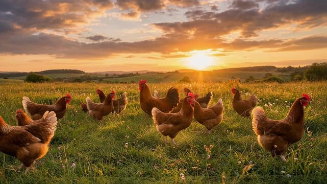 Beautiful sunset over a grassy field with free-range chickens and a rooster in a tranquil rural setting