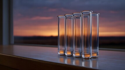 Clear glass test tubes arranged on a wooden ill overlooking a vibrant sunset