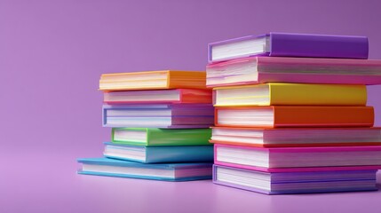 Colorful stack of closed books on purple surface; vertical with soft light, copy space left