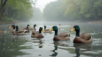 Several Mallard ducks are swimming in the water