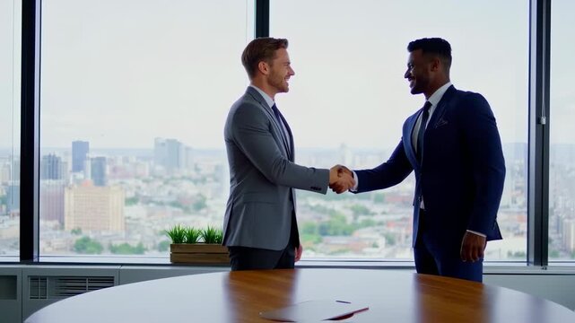 Two formally dressed men shake hands in an office, cityscape visible outside window