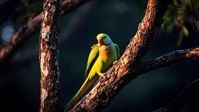 Green parrot perched on tree branch