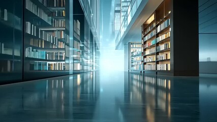 modern library interior with bookshelves and glowing lights