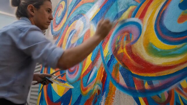 Vibrant urban street art mural painting with colorful swirls and patterns