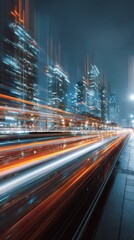 Streaking lights of car trails and illuminated skyscrapers in a city at night, creating a sense of speed and dynamism.