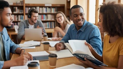 Group of diverse students studying and collaborating at a table in a bright academic environment - Powered by Adobe