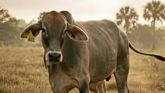 tagged cow - A close-up view of a calm cow standing in a hazy, sunlit pasture, showcasing its textured hide and serene surroundings blended with soft, warm hues