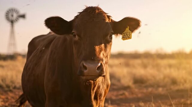 tagged cow - A close-up of a brown cow grazing in a sunlit field, with a windmill standing tall in the background, evoking a serene rural atmosphere at dusk