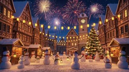 Festive winter village scene with snowmen, Christmas tree, and fireworks for joyful celebrations