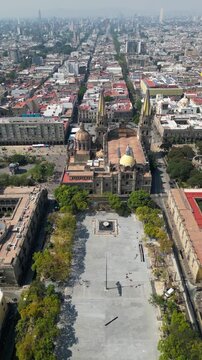 Guadalajara, Mexico - November 8 2025: Drone view captures Guadalajara Cathedral and Tapatia Square under renovation. Historic site surrounded by vibrant city architecture