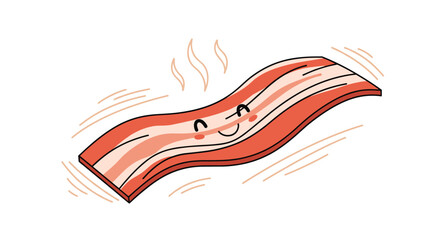 Obraz premium Happy cartoon bacon strip character with a smiling face and steam lines representing a hot and delicious breakfast food item on white background.