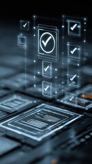Digital checklist with glowing checkmarks and data visualizations on a dark, futuristic background, representing successful task completion and verification.