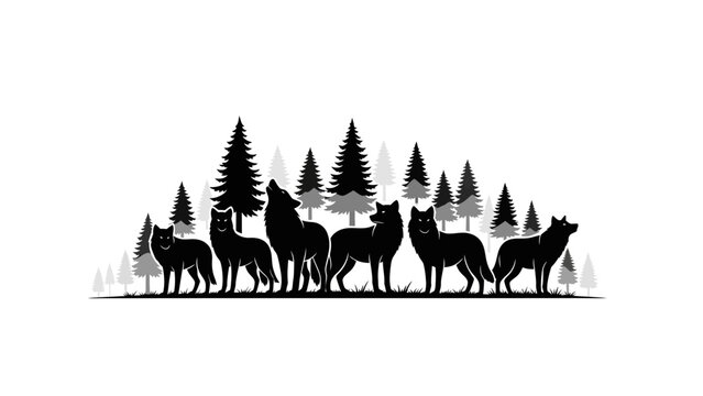 Silhouette of a wolf pack howling in the forest, vector illustration.