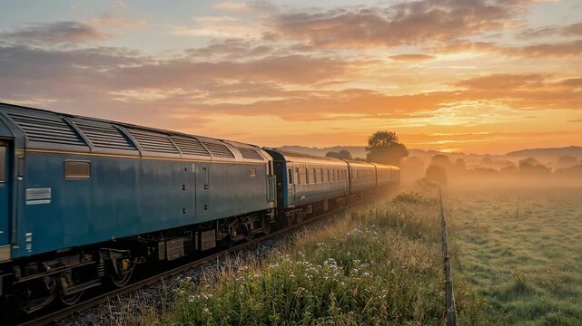 Scenic Train Journey Through Misty Fields at Sunrise