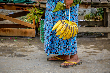 A Burmese woman carries a bunch of ripe bananas along the road