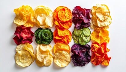 Colorful vegetable chips arranged in grid pattern on white background, showcasing variety and freshness.