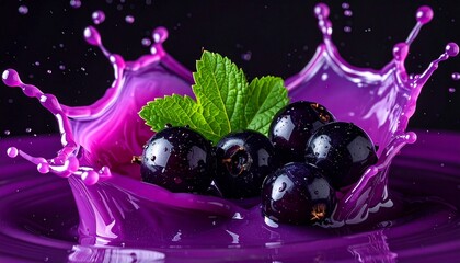 Blackcurrant berries with purple splash and green leaf, vibrant and fresh.