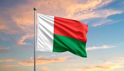 Madagascar national flag waving at sunset sky, symbolizing identity and sovereignty.