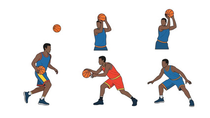 Fototapeta premium Collage of basketball players in action, dribbling and shooting, showcasing skills and techniques on the court from multiple viewpoints