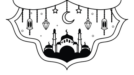 Islamic Mosque and Lanterns Line Art for Ramadan or Eid