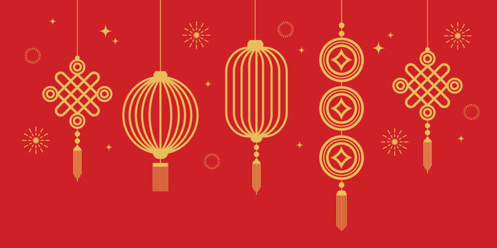gold traditional chinese lantern hanging line art decoration on red background