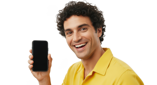 Man smiling while holding phone - Powered by Adobe