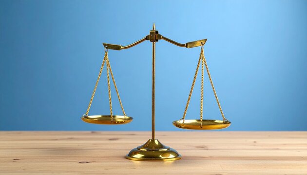 Golden balance scale on wood, blue background, symbolizing justice and fairness.