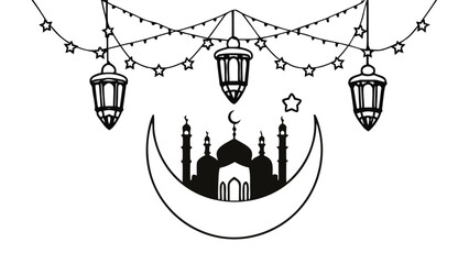 Ramadan Eid Mubarak Islamic Celebration Decoration with Mosque and Lanterns