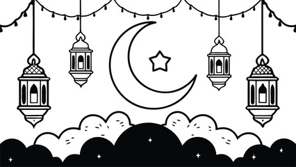 Ramadan Kareem Crescent Moon and Lanterns Outline