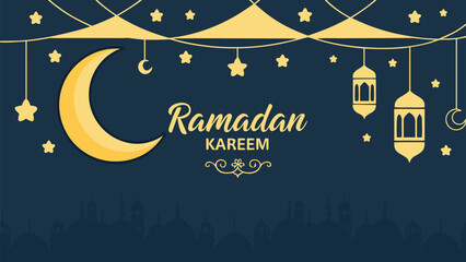 Ramadan Kareem Greeting with Crescent Moon and Lanterns