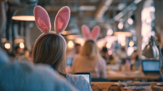 Stock photo of Atmosphere of a busy co-working space, bunny ears headband, concept of Business x Easter / Spring, fresh pastel colors, soft morning sunlight, style of Hyper Chromat