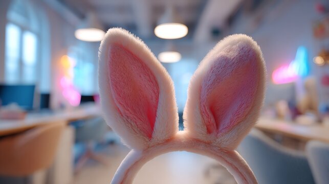 Stock photo of Atmosphere of a busy co-working space, bunny ears headband, concept of Business x Easter / Spring, fresh pastel colors, soft morning sunlight, style of Hyper Chromat