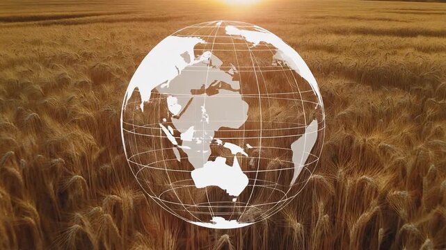 Global agriculture and food security, a wireframe globe symbolizing the world's food supply over a field of wheat under the sun