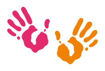 Obraz premium Colorful handprints vector illustration. Holi, the Indian spring festival of colors. Bright hand prints isolated on white. Gulal powder stains, symbol of the seasonal celebration. Vibrant kids palms