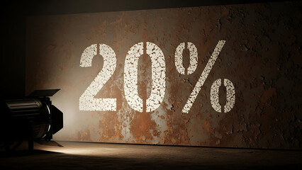 20% Percent Illuminated on Gritty Rusty Wall: Dramatic Spotlight Scene for Industrial Discount, Sale, or Promotion Background.