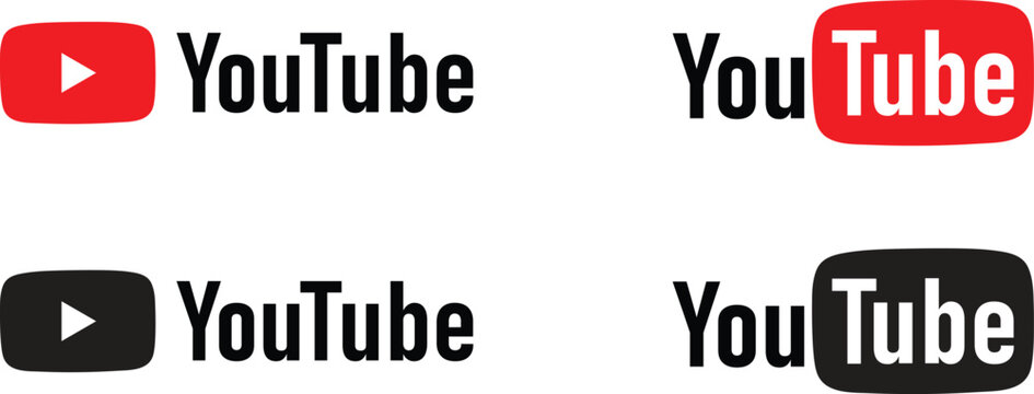 YouTube logo set with red and black play button icons and wordmark isolated on white background