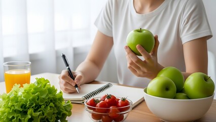 Healthy eating and wellness tracking with fresh produce and a notebook