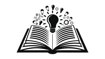 Innovative ideas emerging from open book with lightbulbs and gears