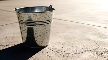 Empty metal bucket sits on cracked concrete surface in bright sunlight casting a sharp shadow, creating a simple yet striking image of everyday objects.