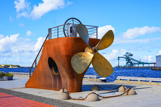 Propeller "Human Power" on the waterfront promenade of Ostas Street in the port of Ventspils, Latvia