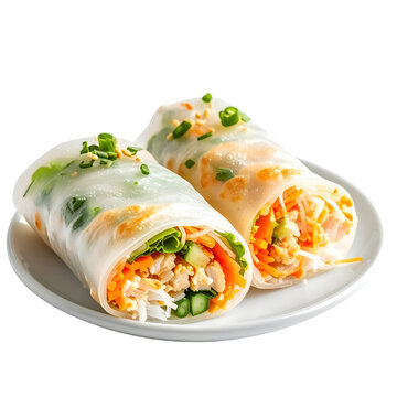 Fresh popiah rolls, a light and healthy southeast asian appetizer with jicama, carrots, and lettuce, isolated on a clean white background