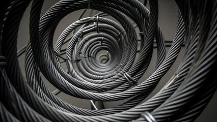 Coiled steel cables spiraling inward create a mesmerizing abstract pattern with industrial strength and a sense of depth, evoking modern engineering.