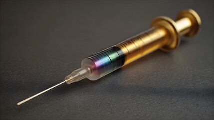 A golden syringe with a colorful liquid and a sharp needle against a dark textured background representing science and health