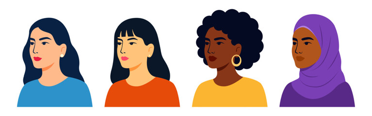Vector illustration of group of four women portraits on transparent background