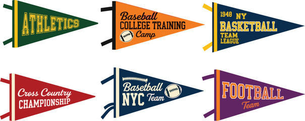 Vintage Sports Pennant Banner Collection Athletics Baseball Basketball Football Team Flags Retro College and League Championship Design Isolated on White Background © Mst